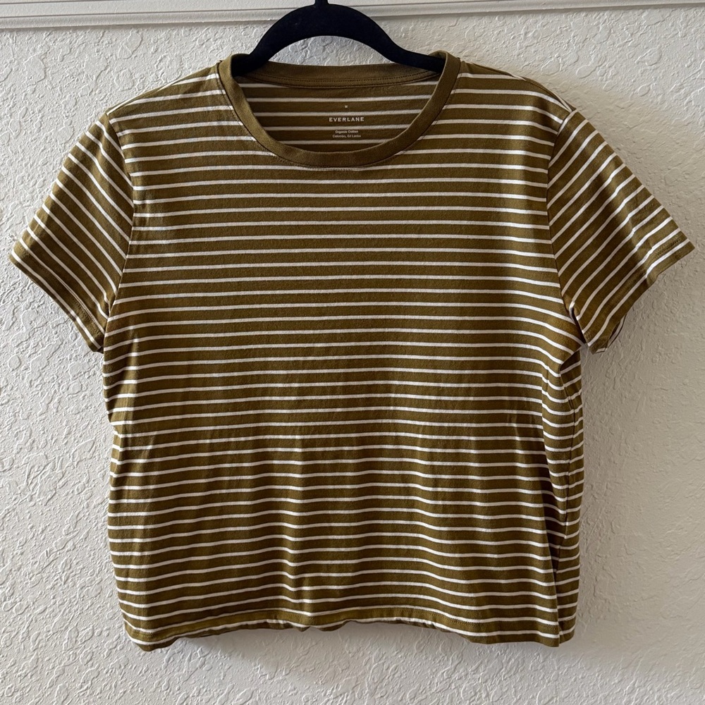 Everlane Organic Olive and White Striped Tee